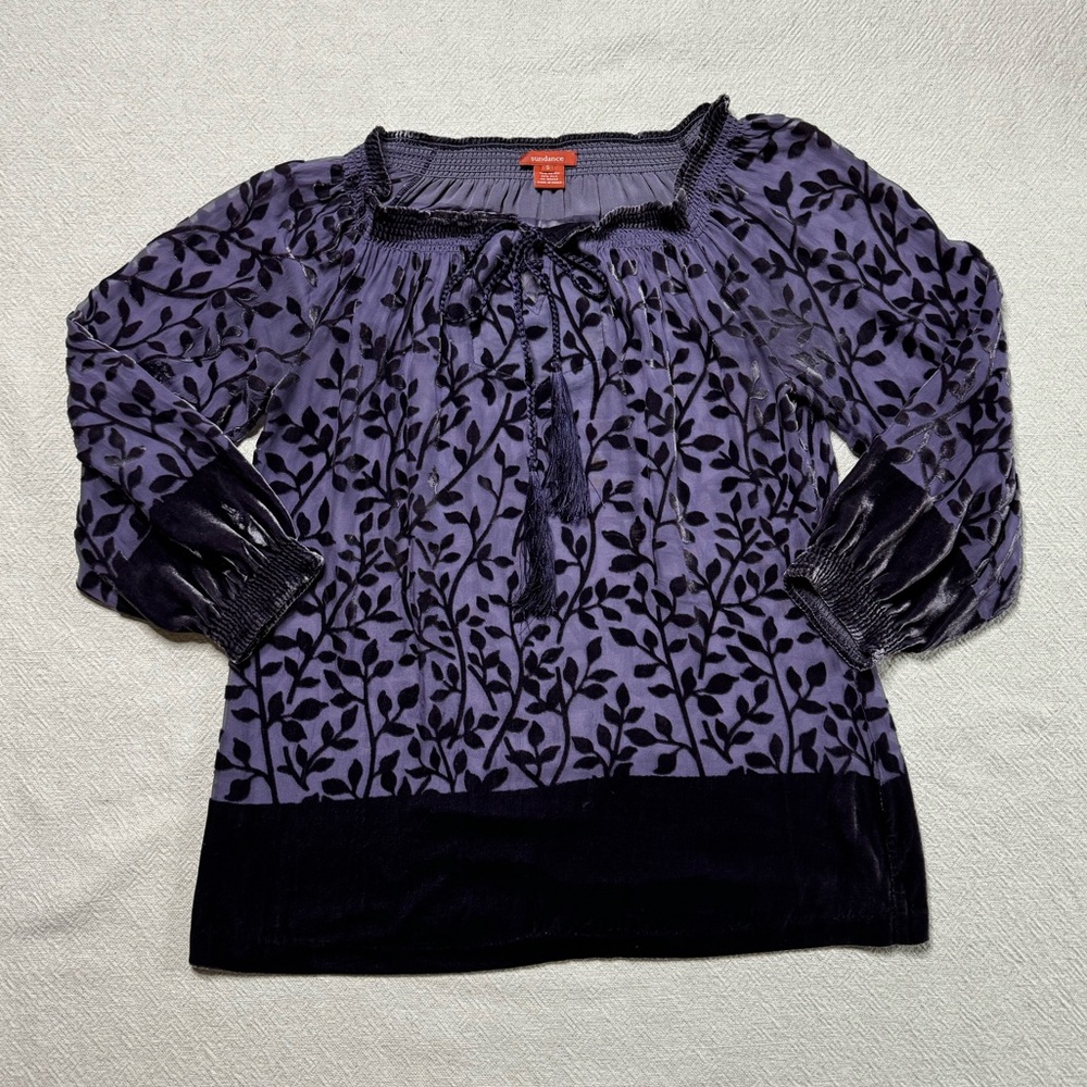 Sundance Burnout Velvet Leaf Purple Silk Blend Peasant Blouse Whimsy Top S - Picture 2 of 7